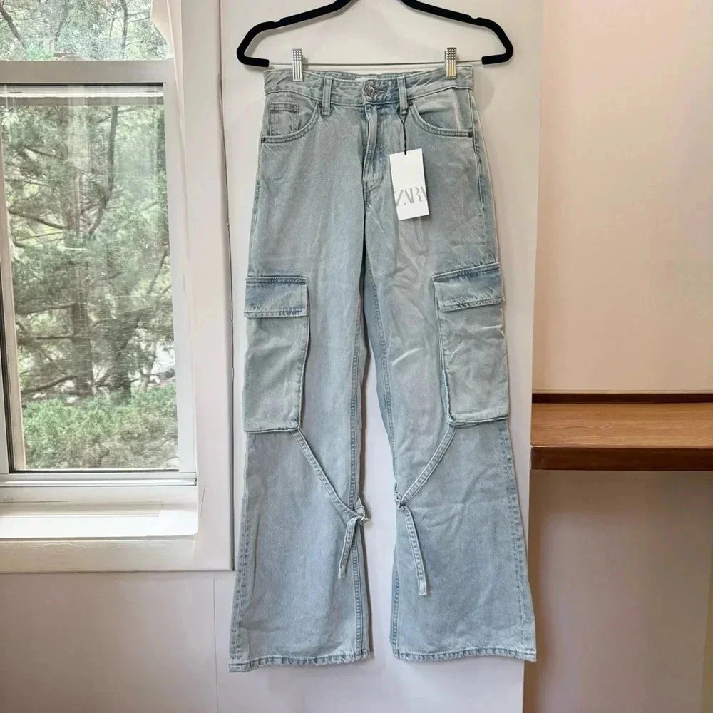 NWT Zara TRF Belt Loop Wide-Leg Cargo Jeans 8197/034 in Light Blue Size 25